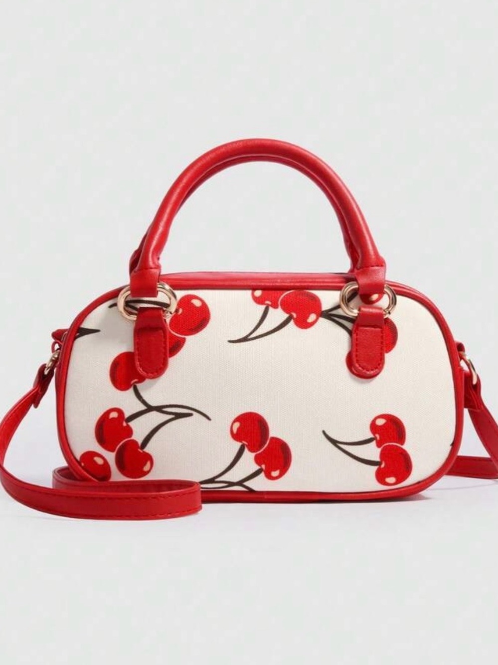 Cherry-Print Red Top-Handle Shoulder Bag